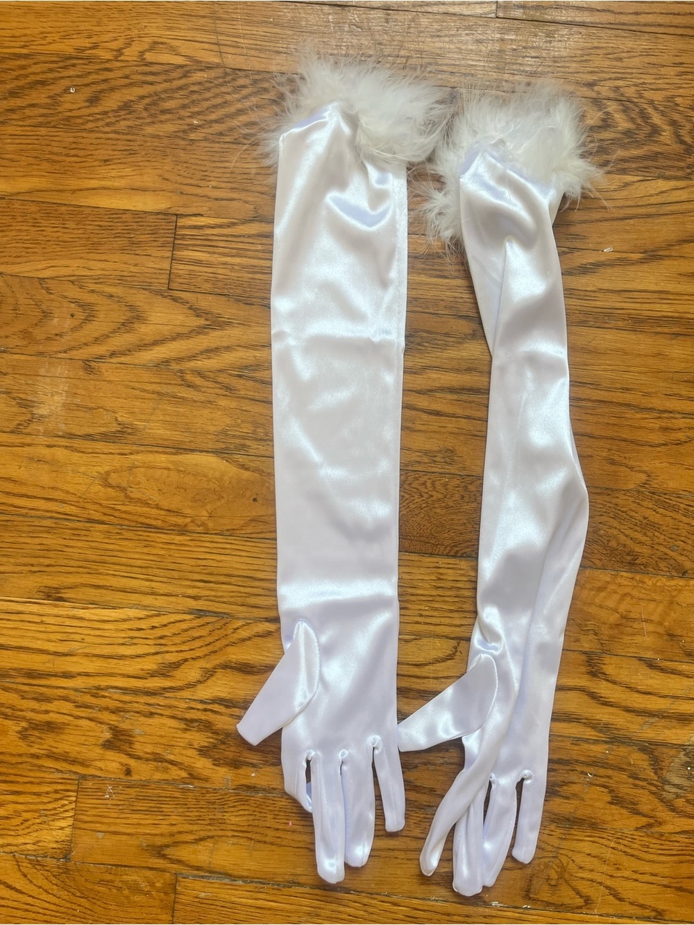 White Satin Costume Long Dress Gloves with Feather Trim